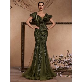 [Elegant Mermaid Gown] Form-Fitting Mermaid Gown | Elegant Deep V-Neck Sequin Evening Dress with Ruffle Sleeves and Geometric Pattern, Perfect for Weddings and Formal Events