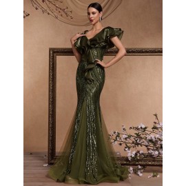 [Elegant Mermaid Gown] Form-Fitting Mermaid Gown | Elegant Deep V-Neck Sequin Evening Dress with Ruffle Sleeves and Geometric Pattern, Perfect for Weddings and Formal Events