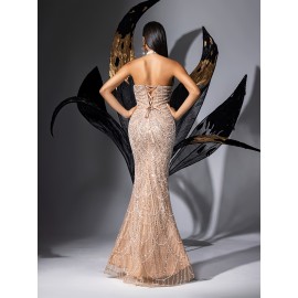 [Elegant Dress] Elegant Sleeveless Formal Dinner Dress | Champagne Halterneck Fishtail for Women - Sparkling Sequins, Mermaid Silhouette, Perfect for Galas & Weddings, Sophisticated Style, Intricate Embellishments