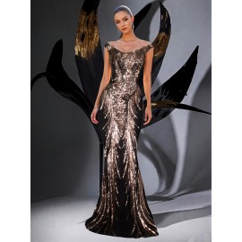 Exquisite Elegant U-Neck Waist-Cinched Fishtail Dress with Beaded Rhinestone Embellishments – Glamorous Evening Gown for Banquets, Awards Ceremonies, Weddings, and Graduation Parties