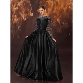 Women's Elegant Black Evening Gown - Satin & Mesh Cocktail Dress with Stand-Up Collar, Rhinestone Embellishments, Fitted Silhouette & Micro-Stretch Fabric for Galas, Weddings, Formal Parties