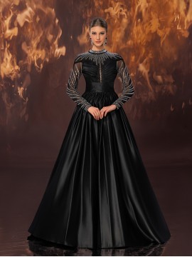 Women's Elegant Black Evening Gown - Satin & Mesh Cocktail Dress with Stand-Up Collar, Rhinestone Embellishments, Fitted Silhouette & Micro-Stretch Fabric for Galas, Weddings, Formal Parties