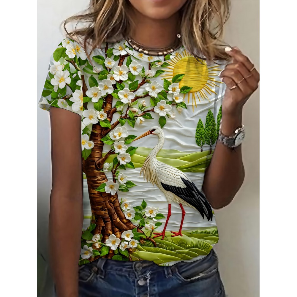 Women'S Elegant White Flower & Bird Print T-Shirt - Fresh Countryside Landscape Design, Comfortable Round Neck, Short Sleeve, Lightweight Polyester Blend for Casual Outdoor Wear, Ladies T