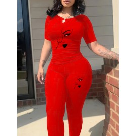 XDCH12LA10 European and American Women's Casual Sporty Round Neck Loose Short Sleeve Long Pants Set with Unique Print Two-Piece Outfit