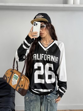 [Soft Stretch V-Neck T-Shirt] Soft Stretch Fabric Women's Casual V-Neck Long Sleeve T-Shirt | California 26 Letter Print, Black & White Striped Mesh Overlay, All-Season Comfort for Casual Attire | Vneck Design | Mesh Overlay Shirt