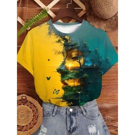 Women'S Artistic Print T-Shirt - High-Quality, Breathable Polyester, Green Forest Sunset Design with Butterflies - Casual & Comfortable for Casual Attire, Perfect for Spring/Summer/Fall