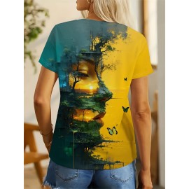 Women'S Artistic Print T-Shirt - High-Quality, Breathable Polyester, Green Forest Sunset Design with Butterflies - Casual & Comfortable for Casual Attire, Perfect for Spring/Summer/Fall
