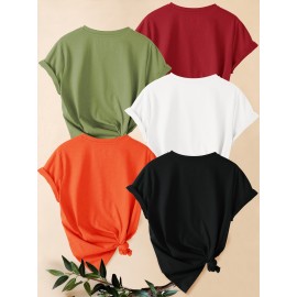 [Versatile Summer T-Shirt Set] 5pcs Versatile Summer T-Shirt Set, Women's Simple Floral Short Sleeve Chrysanthemum Print Round Neck Loose Fit Casual Fashionable Commute Vacation Everyday Top in Multiple Colors 1XL-5XL