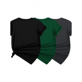 [Summer T-Shirt] 3pcs Set Plus Size Women's Short Sleeve T-Shirt | Collared Hemline Summer New Leopard Print Heart Pattern Top