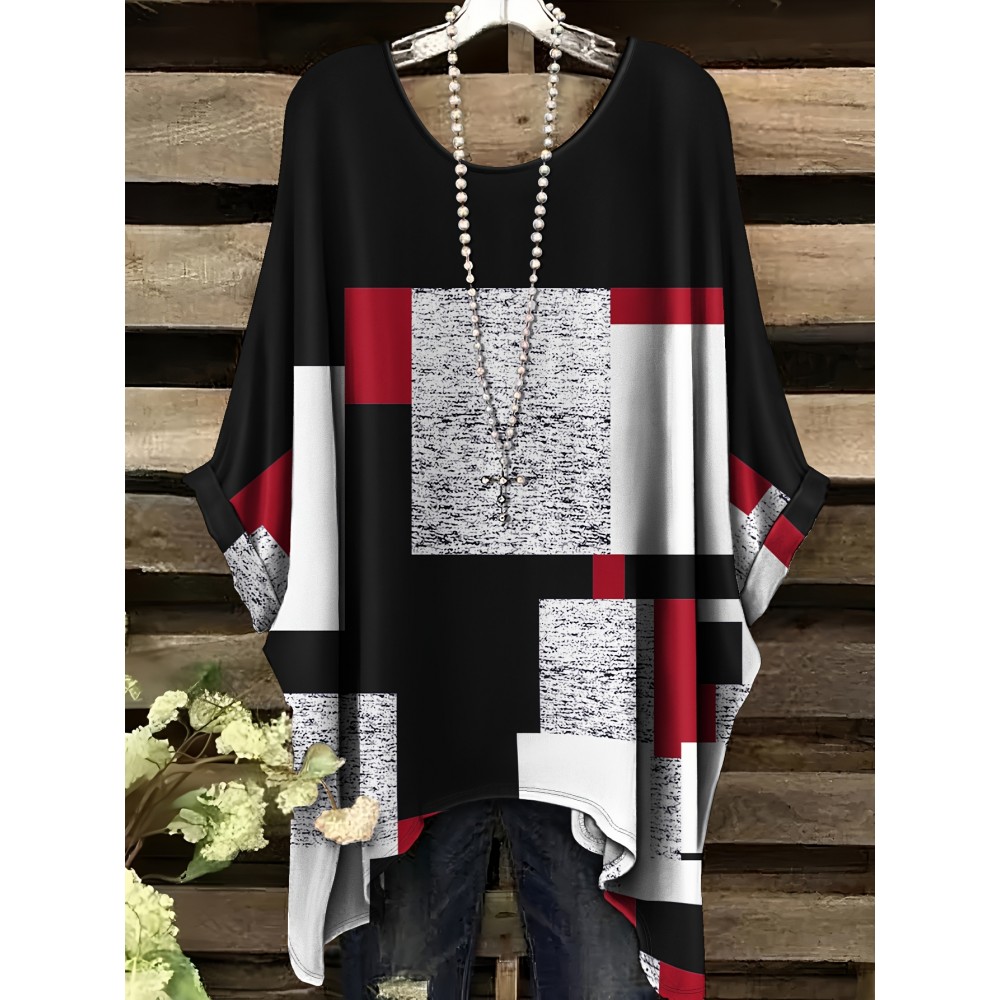 Plus Size - Women'S Plus Size Geometric Print T-Shirt - Casual Crew Neck, Short Sleeve, Asymmetrical Hem, Black & White Design with Red Accents, Comfortable Summer Top, Ladies T Shirts