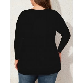 Plus Size - Plus Size Women'S Elegant V-Neck Long Sleeve T-Shirt with Rhinestone Heart & Bow Design - Stretchy Comfort Fit, Black & White Contrast, Cross Strap Detail, Autumn/Winter Fashion Top, Ladies T Shirts, Winter Clothing, Medium Stretch Fabric
