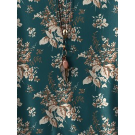 Plus Size, Oriented Plus Size Retro Multicolor Floral Print T-Shirt with Round Neck, Casual Spring/Summer Short Sleeve Top for Women - No Accessories Included