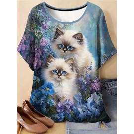 [Plus Size Floral Cat T-Shirt] Plus Size Women's 3D Floral & Cat Print T-Shirt - Stretchy Round Neck Short Sleeve Summer Top, Machine Washable Casual Elegant Outdoor Wear