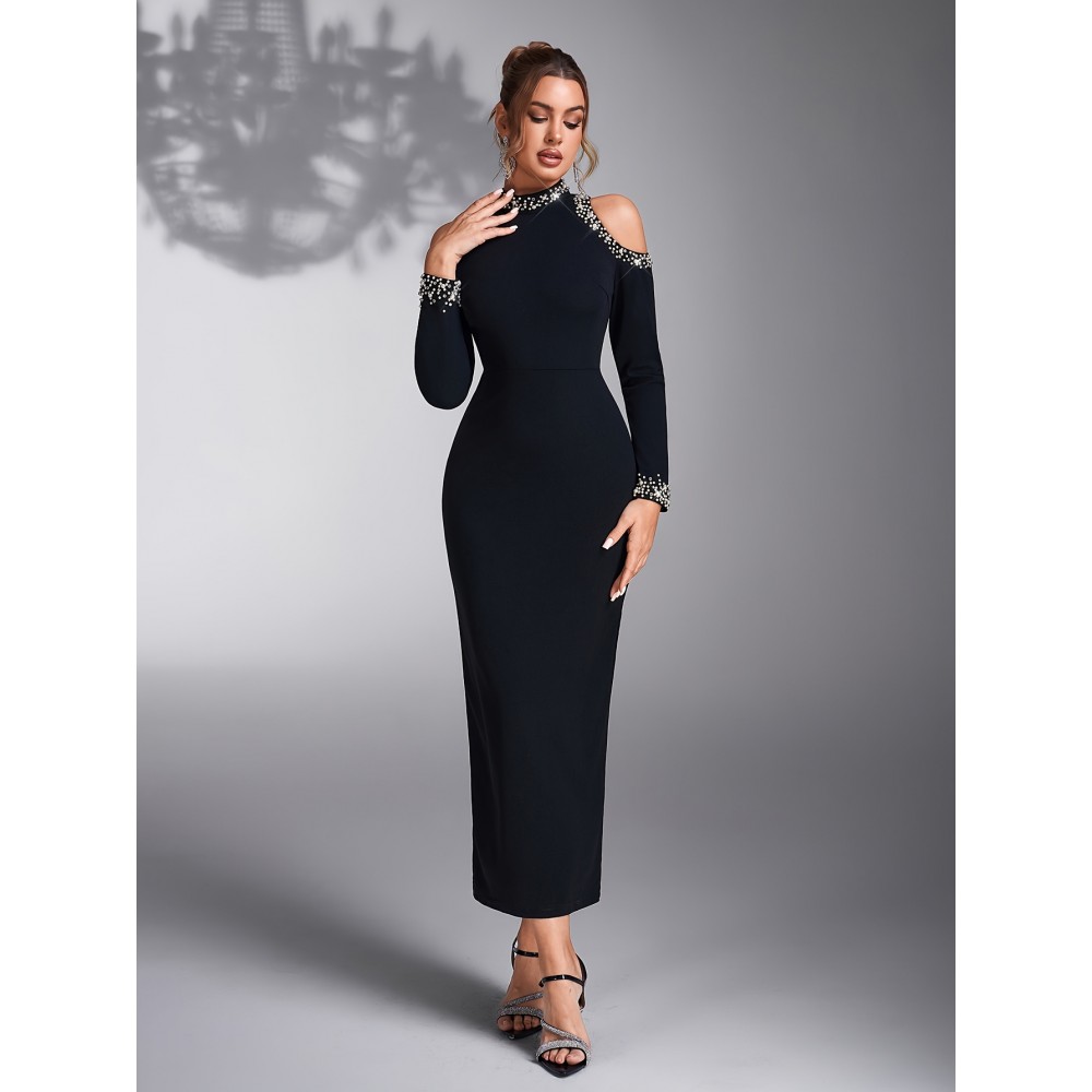 Elegant Off-Shoulder Bridesmaid Dress with Pearl Embellishments - Long Sleeve, Form-Fitting, Solid Black Wedding Evening Gown for Women, Bridesmaid Dress
