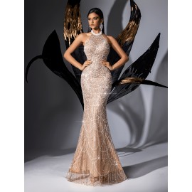 [Elegant Dress] Elegant Sleeveless Formal Dinner Dress | Champagne Halterneck Fishtail for Women - Sparkling Sequins, Mermaid Silhouette, Perfect for Galas & Weddings, Sophisticated Style, Intricate Embellishments