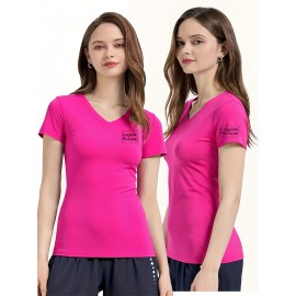Women'S V-Neck T-Shirt with Left Chest & Sleeve Logo Print, Customizable Personal Design, Soft Breathable Stretch Fabric for Comfortable Movement - Perfect for, Casual Wear, Yoga, Dance & Sports Teams, Comfortable Fit, Durable Construction