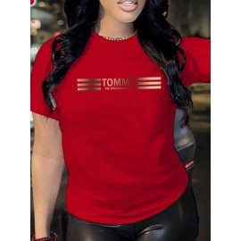 1pc Gradient Three-Stripe TOMMY Printed Women'S Summer Casual Sports T-Shirt Pullover Made of Comfortable And Smooth Polyester And Spandex Short-Sleeve Top.