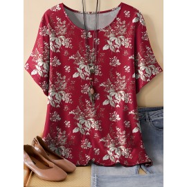 Plus Size, Oriented Plus Size Retro Multicolor Floral Print T-Shirt with Round Neck, Casual Spring/Summer Short Sleeve Top for Women - No Accessories Included